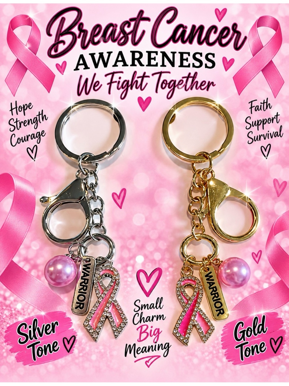 Breast Cancer Awareness Warrior Ribbon Keychain - Pink (Gold or Silver Tone)